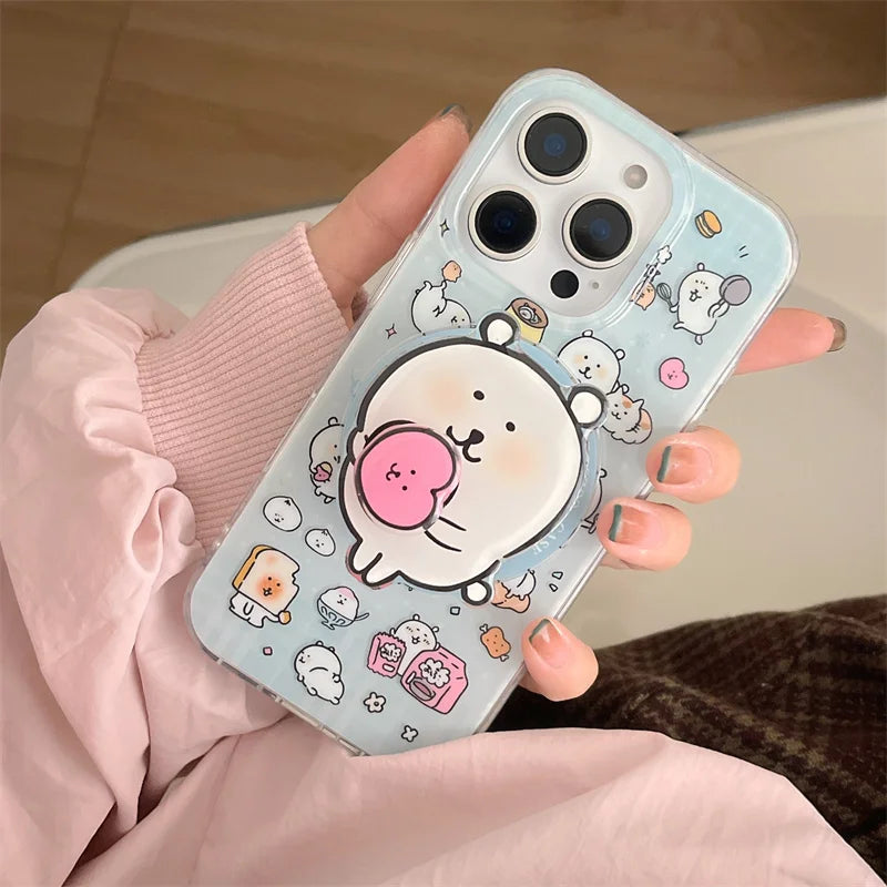 Kawaii Cartoon Magnetic Phone Case For iPhone 16 Pro 13 12 14 15 Pro Max Cover with Magsafe Holder Cute Stand Cases For 15Pro
