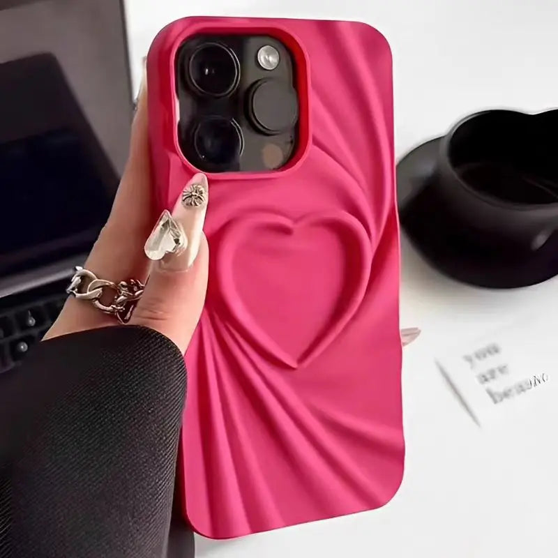 Fashion Fold Wrinkle 3D Love Heart Phone Case For iPhone 13 14 15 Pro Max 16 Plus 11 12 17 ProMax Soft Matte Silicone Full Cover
