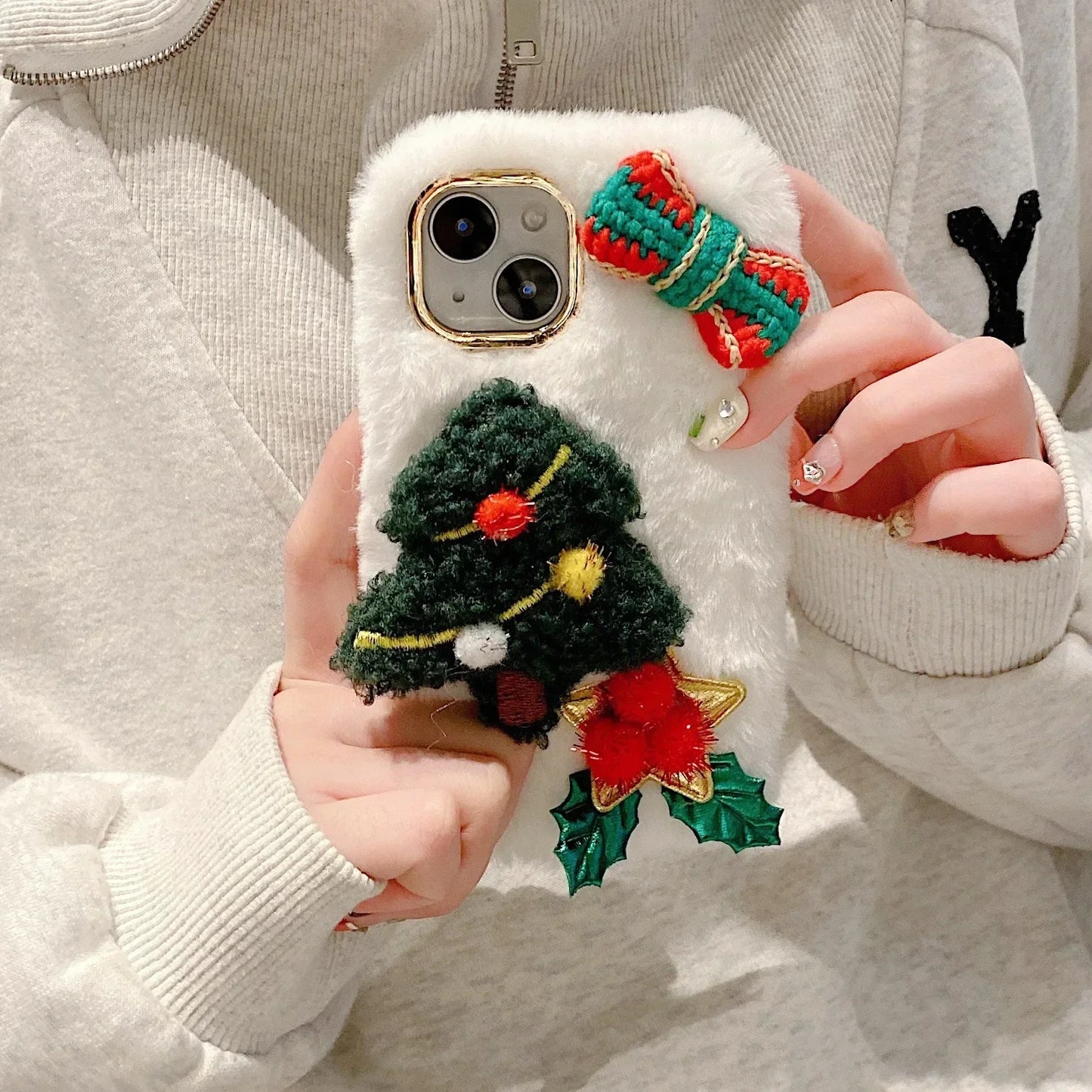 Plush Christmas Snowman Phone Cases Cute IPhone 16 12 13 14 15Pro XR X Xs Max Mini 7 8 Case 3D Furry Bunny Fur Back Cover Funda