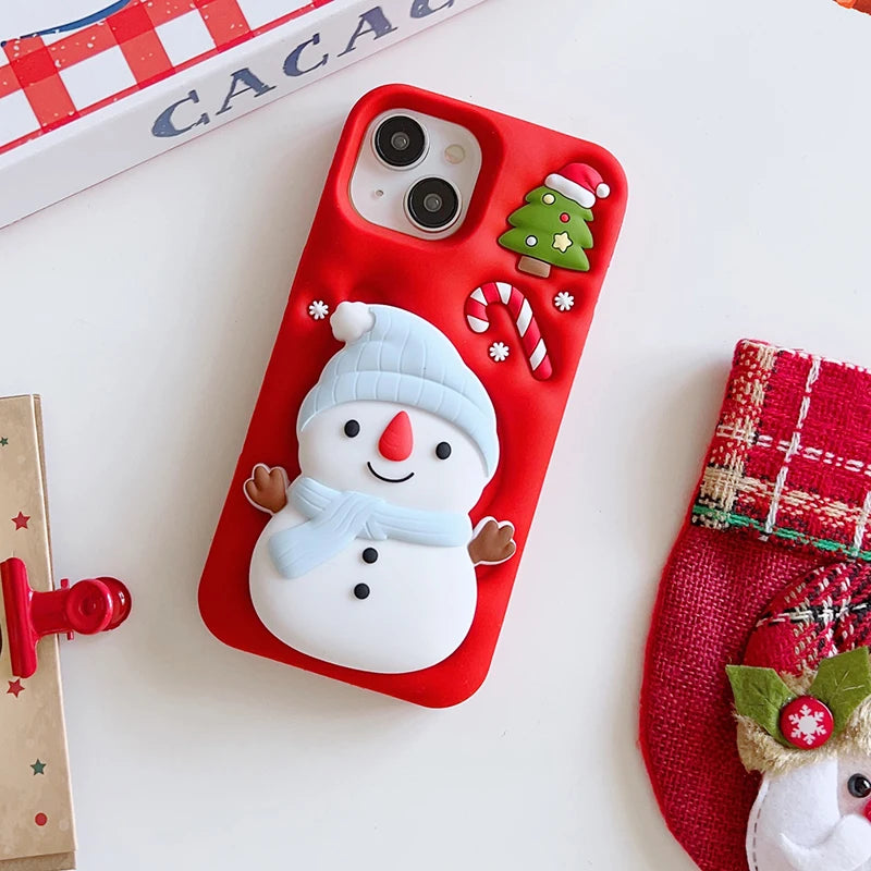 Christmas Tree Cute 3D Snowman Holder Stand Phone Case For iPhone 17 Pro Max 16 15 14 13 Air Shockproof Soft Silicone Back Cover