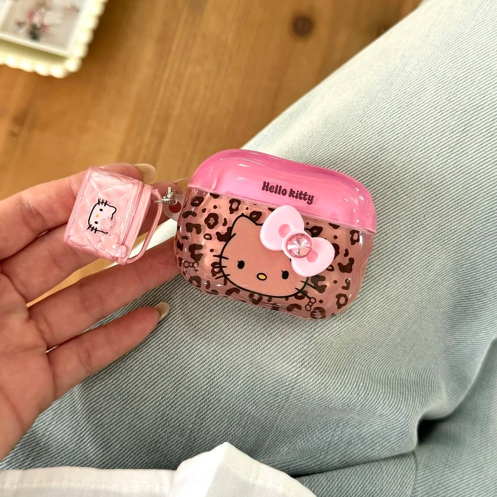 Earphone Case For Airpods 1 2 3 4 Pro 2 Cute Sanrio Hello Kitty leopard Print Wireless Bluetooth Headset Protective Soft Cover