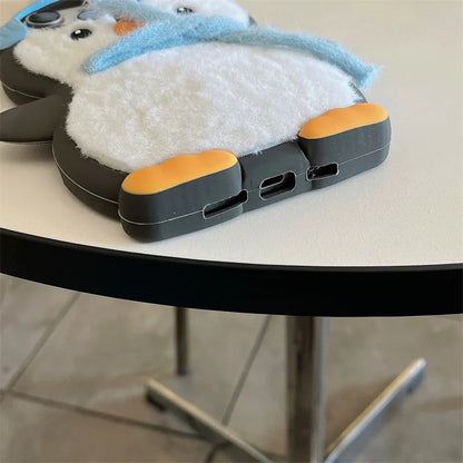 Cute Plush Penguin Phone Case For iPhone 16 Pro 15 14 13 Pro Max Cover Kawaii Cartoon Shockproof Silicone Cases For 15Pro Funda