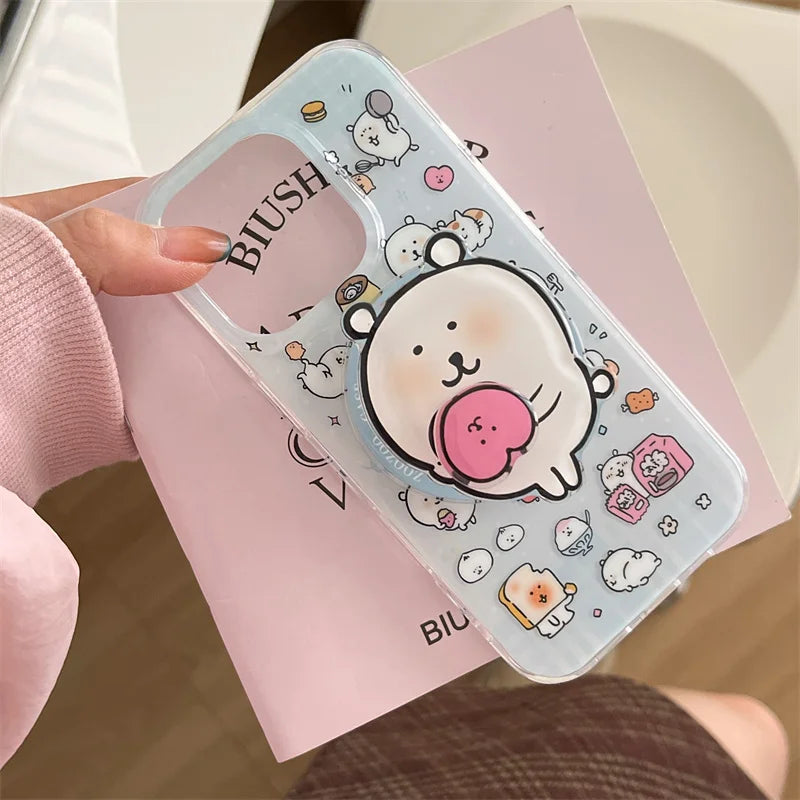 Kawaii Cartoon Magnetic Phone Case For iPhone 16 Pro 13 12 14 15 Pro Max Cover with Magsafe Holder Cute Stand Cases For 15Pro