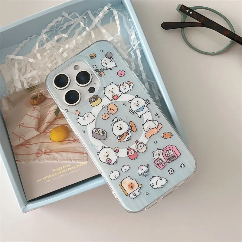 Kawaii Cartoon Magnetic Phone Case For iPhone 16 Pro 13 12 14 15 Pro Max Cover with Magsafe Holder Cute Stand Cases For 15Pro