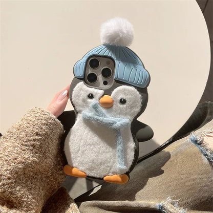 Cute Plush Penguin Phone Case For iPhone 16 Pro 15 14 13 Pro Max Cover Kawaii Cartoon Shockproof Silicone Cases For 15Pro Funda