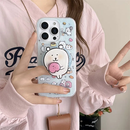 Kawaii Cartoon Magnetic Phone Case For iPhone 16 Pro 13 12 14 15 Pro Max Cover with Magsafe Holder Cute Stand Cases For 15Pro