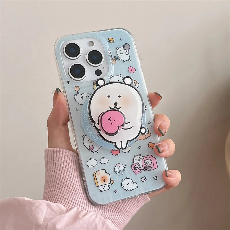 Kawaii Cartoon Magnetic Phone Case For iPhone 16 Pro 13 12 14 15 Pro Max Cover with Magsafe Holder Cute Stand Cases For 15Pro