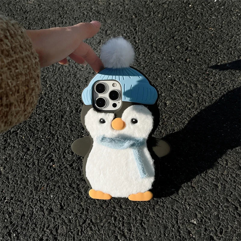 Cute Plush Penguin Phone Case For iPhone 16 Pro 15 14 13 Pro Max Cover Kawaii Cartoon Shockproof Silicone Cases For 15Pro Funda