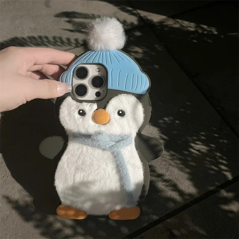 Cute Plush Penguin Phone Case For iPhone 16 Pro 15 14 13 Pro Max Cover Kawaii Cartoon Shockproof Silicone Cases For 15Pro Funda