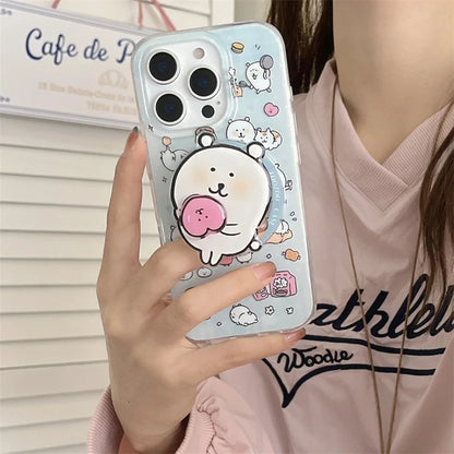 Kawaii Cartoon Magnetic Phone Case For iPhone 16 Pro 13 12 14 15 Pro Max Cover with Magsafe Holder Cute Stand Cases For 15Pro