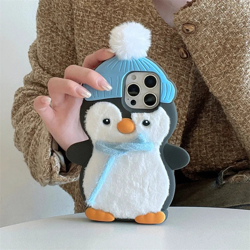 Cute Plush Penguin Phone Case For iPhone 16 Pro 15 14 13 Pro Max Cover Kawaii Cartoon Shockproof Silicone Cases For 15Pro Funda