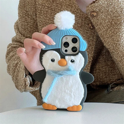 Cute Plush Penguin Phone Case For iPhone 16 Pro 15 14 13 Pro Max Cover Kawaii Cartoon Shockproof Silicone Cases For 15Pro Funda