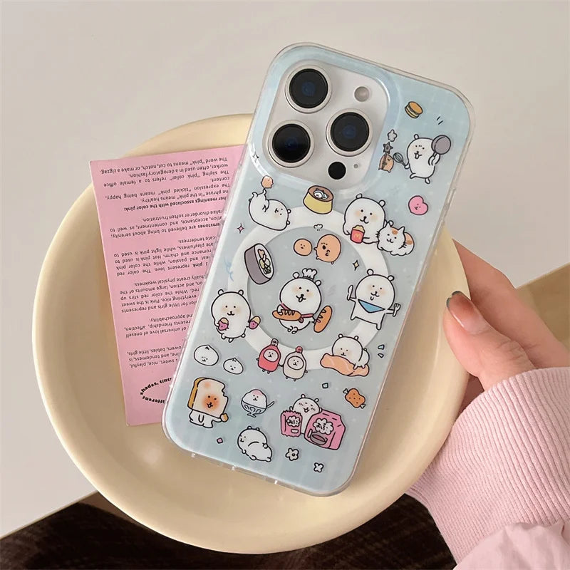Kawaii Cartoon Magnetic Phone Case For iPhone 16 Pro 13 12 14 15 Pro Max Cover with Magsafe Holder Cute Stand Cases For 15Pro