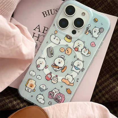Kawaii Cartoon Magnetic Phone Case For iPhone 16 Pro 13 12 14 15 Pro Max Cover with Magsafe Holder Cute Stand Cases For 15Pro