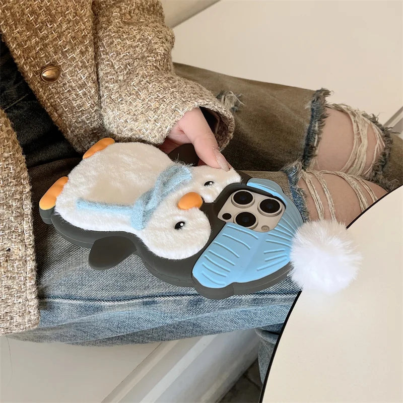 Cute Plush Penguin Phone Case For iPhone 16 Pro 15 14 13 Pro Max Cover Kawaii Cartoon Shockproof Silicone Cases For 15Pro Funda