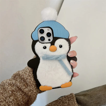 Cute Plush Penguin Phone Case For iPhone 16 Pro 15 14 13 Pro Max Cover Kawaii Cartoon Shockproof Silicone Cases For 15Pro Funda