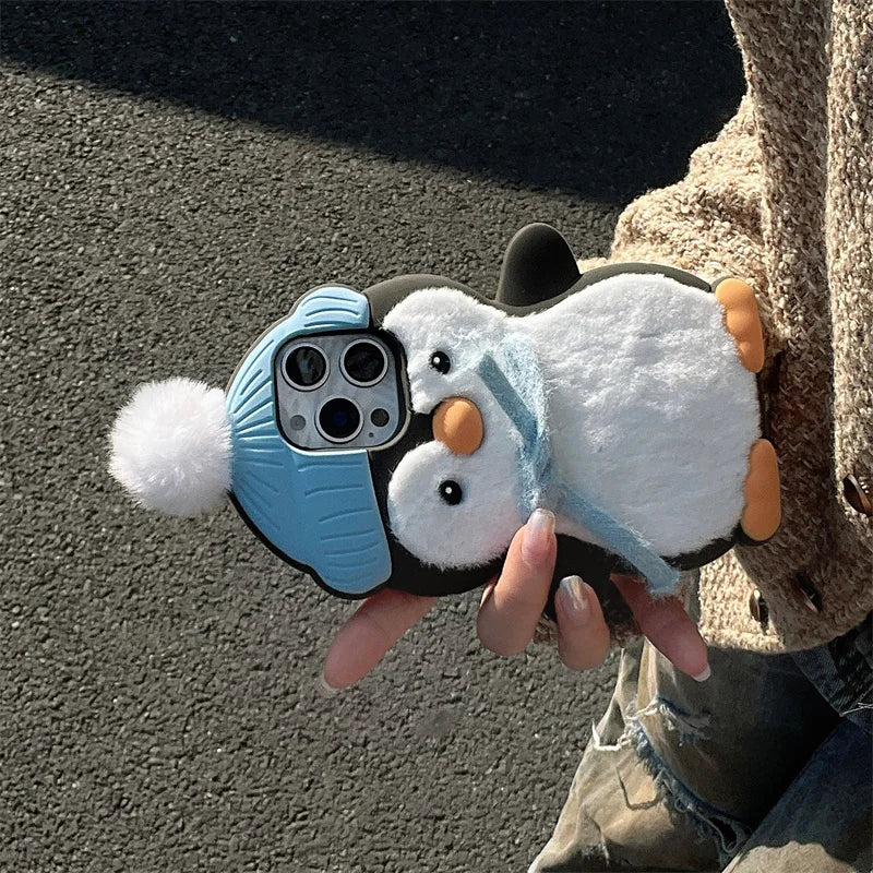 Cute Plush Penguin Phone Case For iPhone 16 Pro 15 14 13 Pro Max Cover Kawaii Cartoon Shockproof Silicone Cases For 15Pro Funda