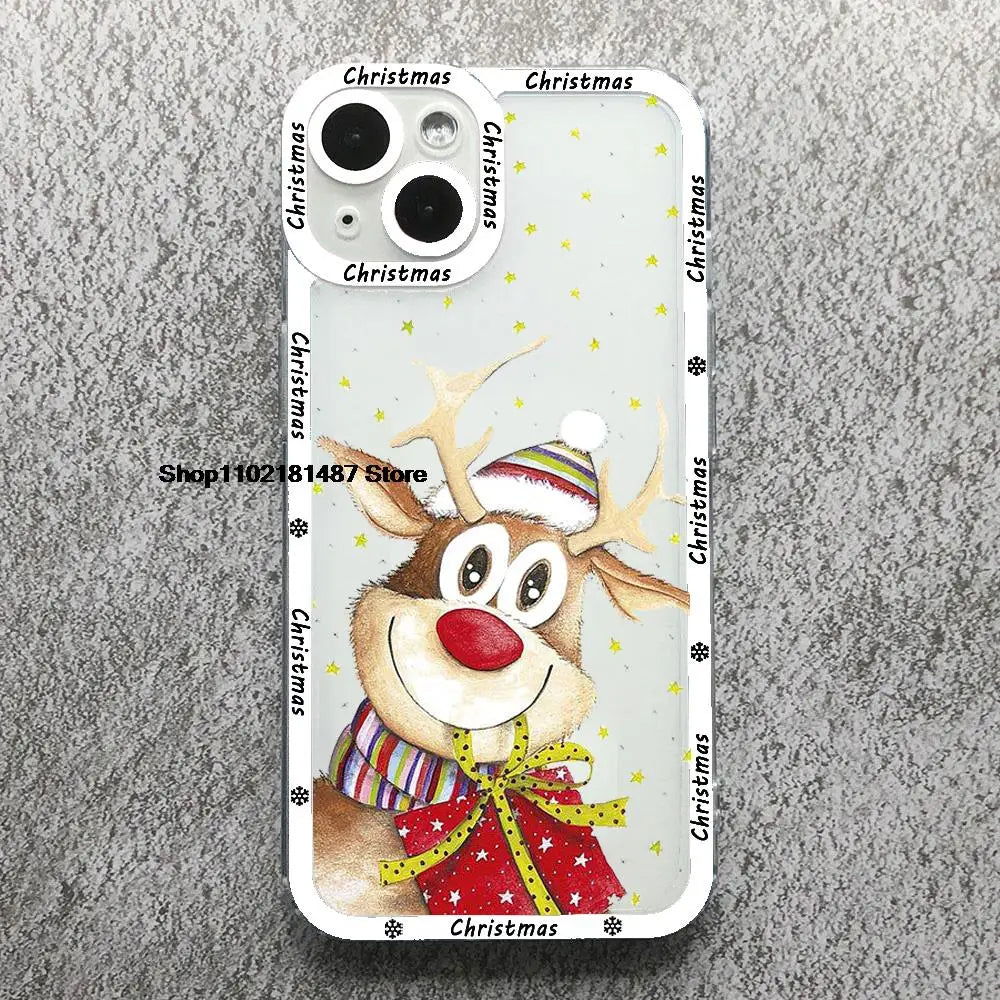 Cartoon New Year Christmas Phone Case For iPhone 13 12 11 14 15 16 17 Pro Max 16Plus 17AIR Cute elk santa Clear Soft bumper Case