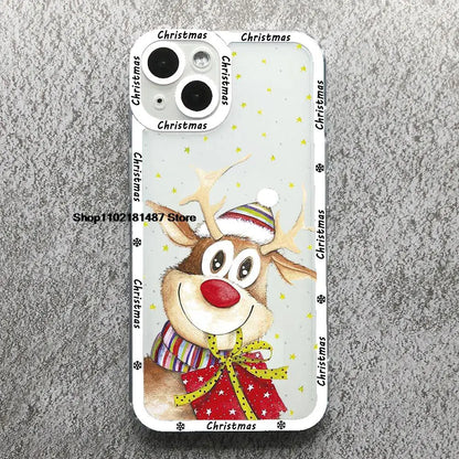 Cartoon New Year Christmas Phone Case For iPhone 13 12 11 14 15 16 17 Pro Max 16Plus 17AIR Cute elk santa Clear Soft bumper Case
