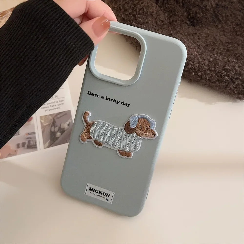 Cute Brown Blue Pink Phone Cases for iPhone 16 Plus Pro Max 15 14 13 12 Cartoon Embroidery Puppy Protective Phone Covers