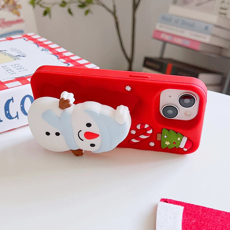 Christmas Tree Cute 3D Snowman Holder Stand Phone Case For iPhone 17 Pro Max 16 15 14 13 Air Shockproof Soft Silicone Back Cover