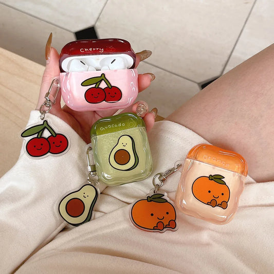 Earphone Case For AirPods 4 ANC Pro 2 Cute Fruit Cherry Avocado Protecitve Cover For Air Pods 1 2 3 4th Soft Case with Keychain