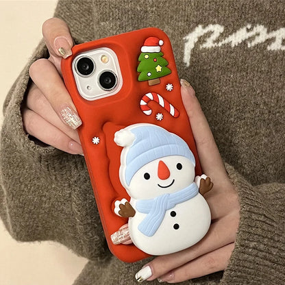 Christmas Tree Cute 3D Snowman Holder Stand Phone Case For iPhone 17 Pro Max 16 15 14 13 Air Shockproof Soft Silicone Back Cover