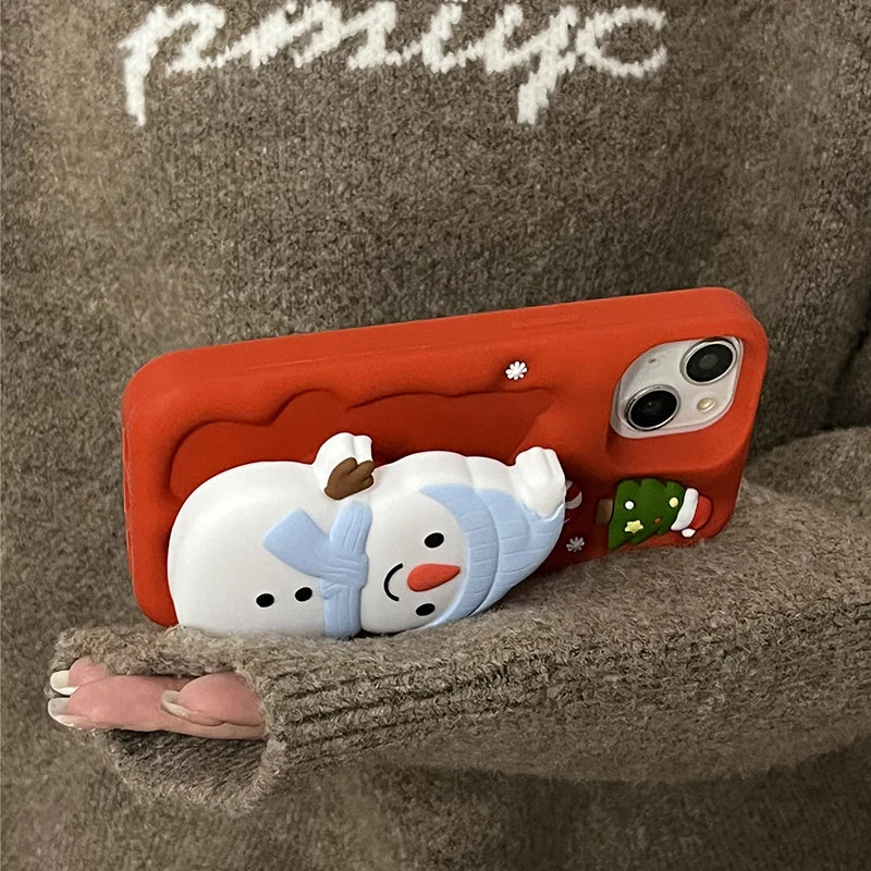 Christmas Tree Cute 3D Snowman Holder Stand Phone Case For iPhone 17 Pro Max 16 15 14 13 Air Shockproof Soft Silicone Back Cover