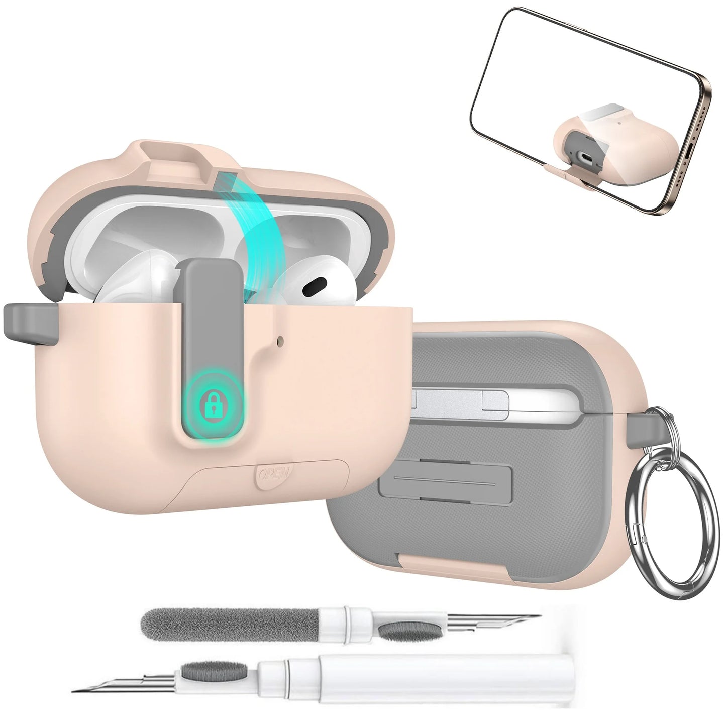 2025 for Airpods Pro 3 Protective Case Phone Stand Design with Cleaner Kit Magnetic Automatic Lock for Airpods Pro 3(Sand Stone)