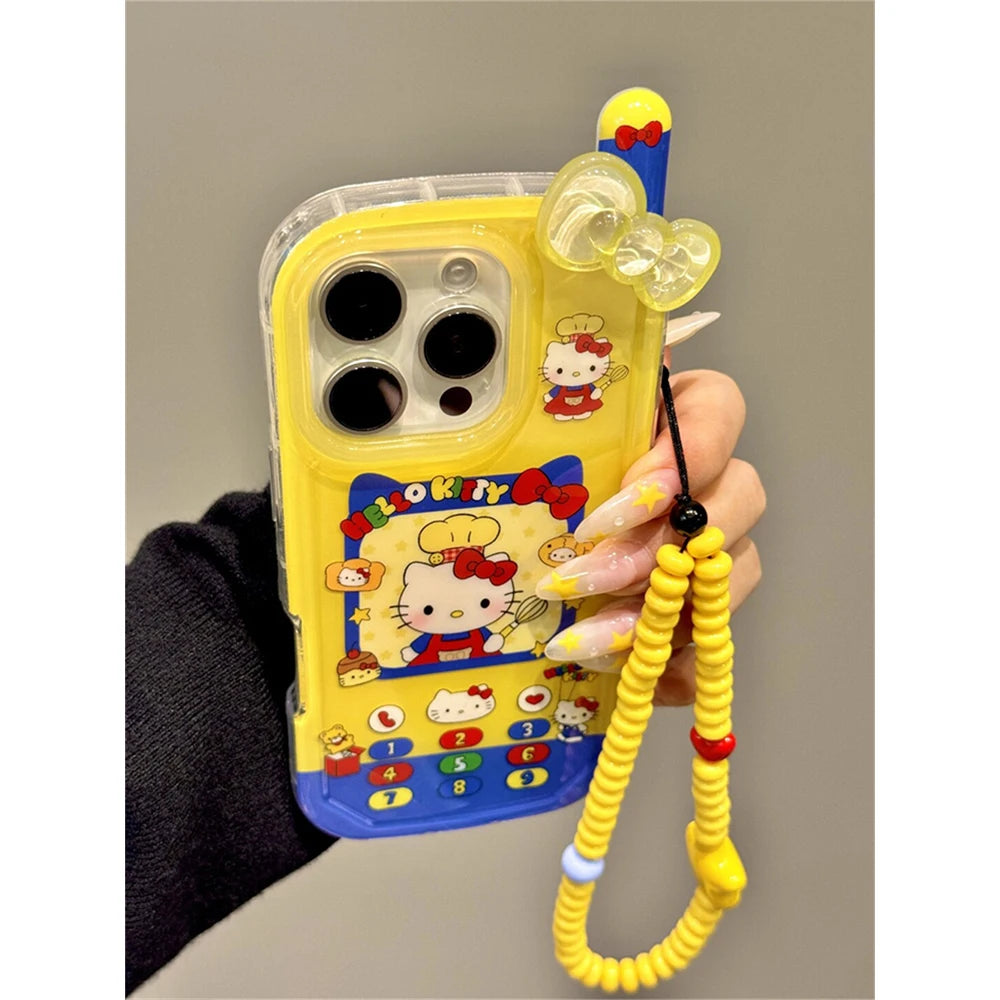 ins Cute Hello Kitty Bow Telephone Phone Case For iPhone 16 15 14 13 Pro Max Shockproof Bumper Protective Back Cover 3D Fundas