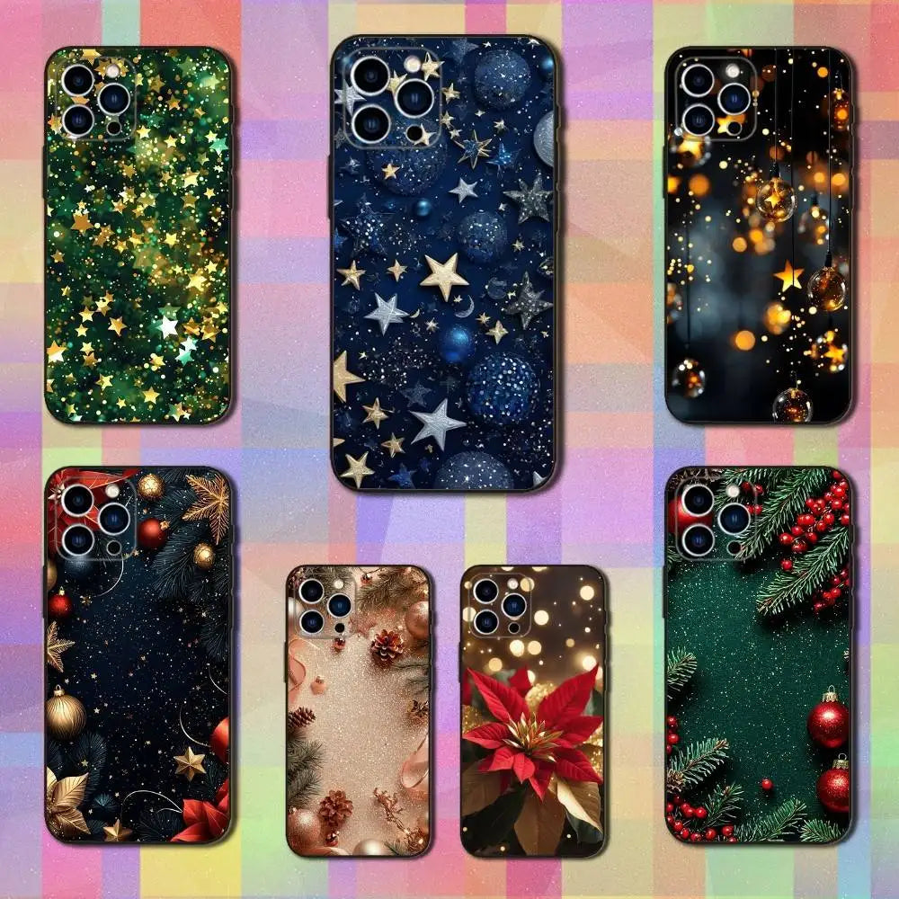 Christmas Art Decorations Phone Case For iPhone 16,15,14,13,12,11 Plus,Pro Max,XS,X,XR,SE,Mini,8,7,Soft Silicone Black Cover