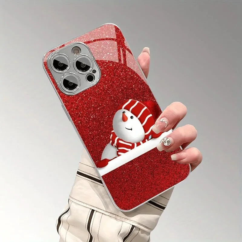 Christmas Santa Claus Snowman Pattern Glass Electroplated PHONE Case for iPhone Case for 11/12/13/14/15/16/17 Pro MAX