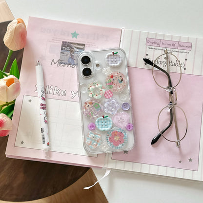 Adorable Transparent Decorated with Patterned Buttons Fun Look Phone Case for iPhone 16 15 14 13 Pro Max Back Cover Capa