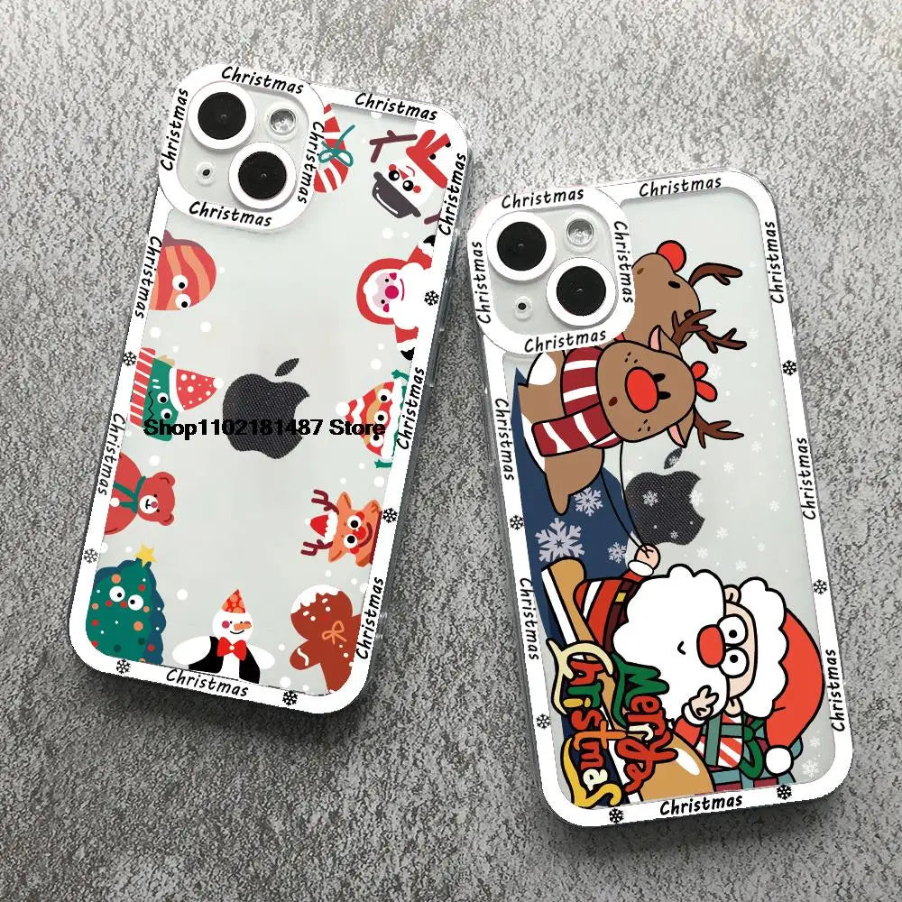 Cartoon New Year Christmas Phone Case For iPhone 13 12 11 14 15 16 17 Pro Max 16Plus 17AIR Cute elk santa Clear Soft bumper Case
