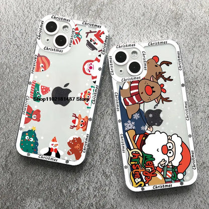 Cartoon New Year Christmas Phone Case For iPhone 13 12 11 14 15 16 17 Pro Max 16Plus 17AIR Cute elk santa Clear Soft bumper Case