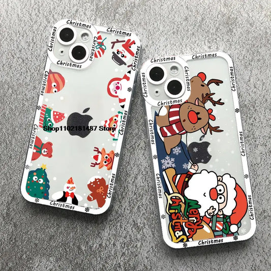 Cartoon New Year Christmas Phone Case For iPhone 13 12 11 14 15 16 17 Pro Max 16Plus 17AIR Cute elk santa Clear Soft bumper Case