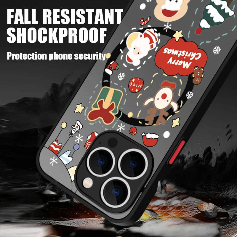Christmas Pattern Magnetic Phone Case For iPhone Air 16e 17 16 15 Pro Max 14 13 12 Pro 11 16 Plus Shockproof Acrylic Matte Cover