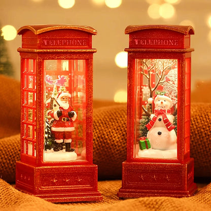 Christmas Phone Booth Decoration with Santa Claus, Snowman & Tree - Red Retro Telephone Booth Ornament With Light Home Decorator