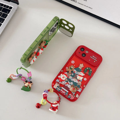 3D Christmas Stand Holder With Bell Pendant Phone Case For iPhone 17 16 15 14 13 12 11 Pro Max Plus Santa Claus Keychain Cover