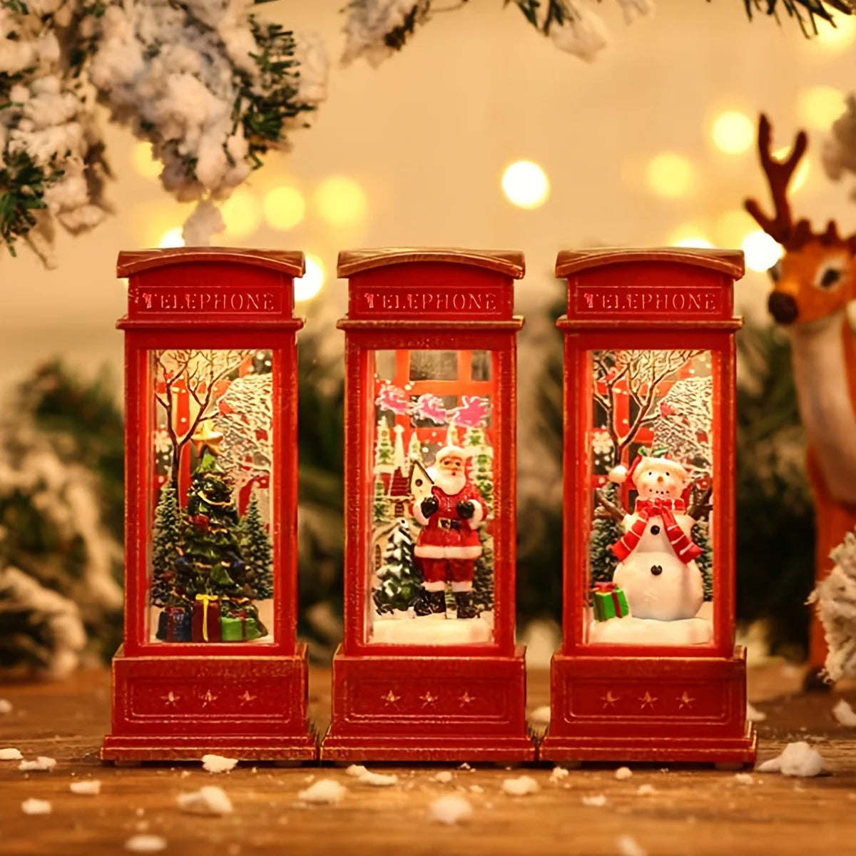 Christmas Phone Booth Decoration with Santa Claus, Snowman & Tree - Red Retro Telephone Booth Ornament With Light Home Decorator