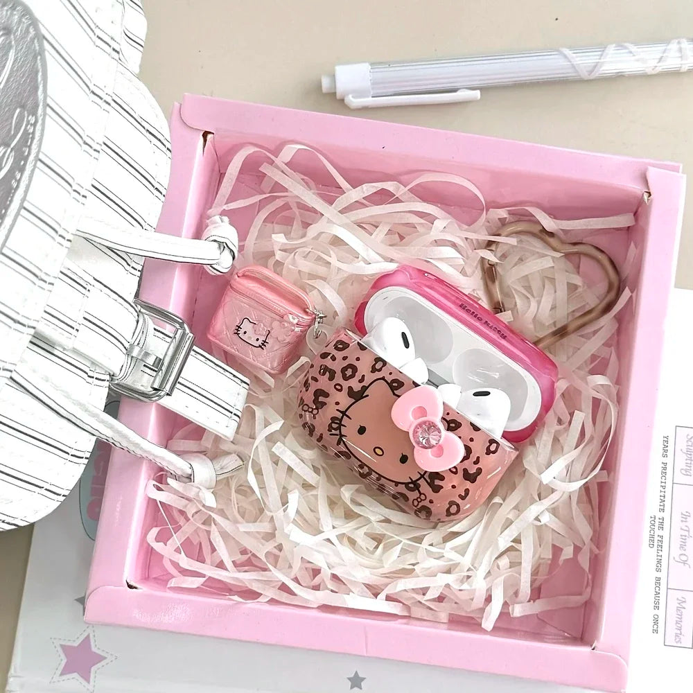 Earphone Case For Airpods 1 2 3 4 Pro 2 Cute Sanrio Hello Kitty leopard Print Wireless Bluetooth Headset Protective Soft Cover