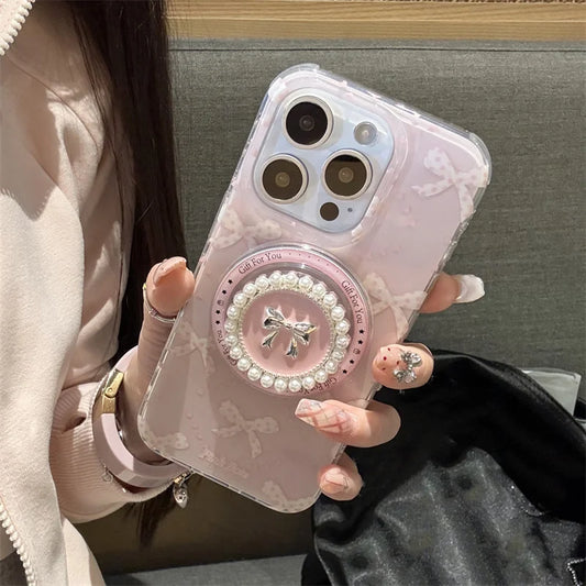 Lovely Magnetic Phone Case For iPhone 16 Pro 15 14 13 Pro Max 15Pro Cover with Pearl Bowknot Stand Shockproof Cases for Magsafe
