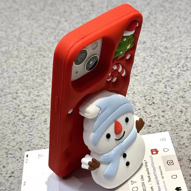 Christmas Tree Cute 3D Snowman Holder Stand Phone Case For iPhone 17 Pro Max 16 15 14 13 Air Shockproof Soft Silicone Back Cover