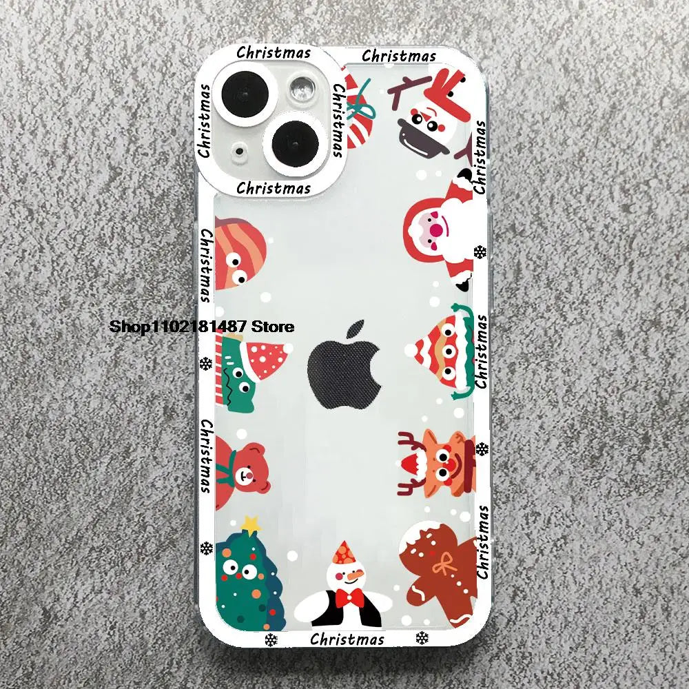 Cartoon New Year Christmas Phone Case For iPhone 13 12 11 14 15 16 17 Pro Max 16Plus 17AIR Cute elk santa Clear Soft bumper Case