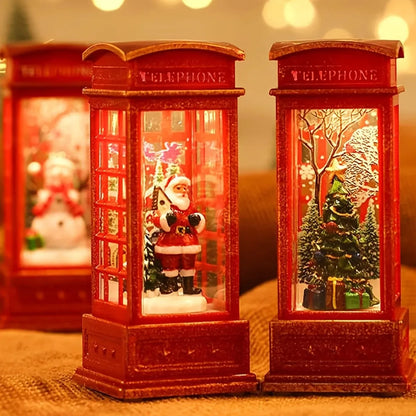 Christmas Phone Booth Decoration with Santa Claus, Snowman & Tree - Red Retro Telephone Booth Ornament With Light Home Decorator