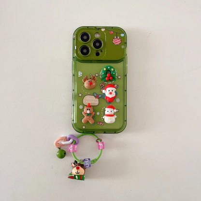 3D Christmas Stand Holder With Bell Pendant Phone Case For iPhone 17 16 15 14 13 12 11 Pro Max Plus Santa Claus Keychain Cover