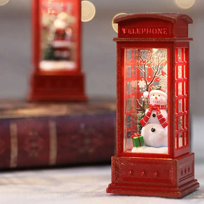 Christmas Phone Booth Decoration with Santa Claus, Snowman & Tree - Red Retro Telephone Booth Ornament With Light Home Decorator