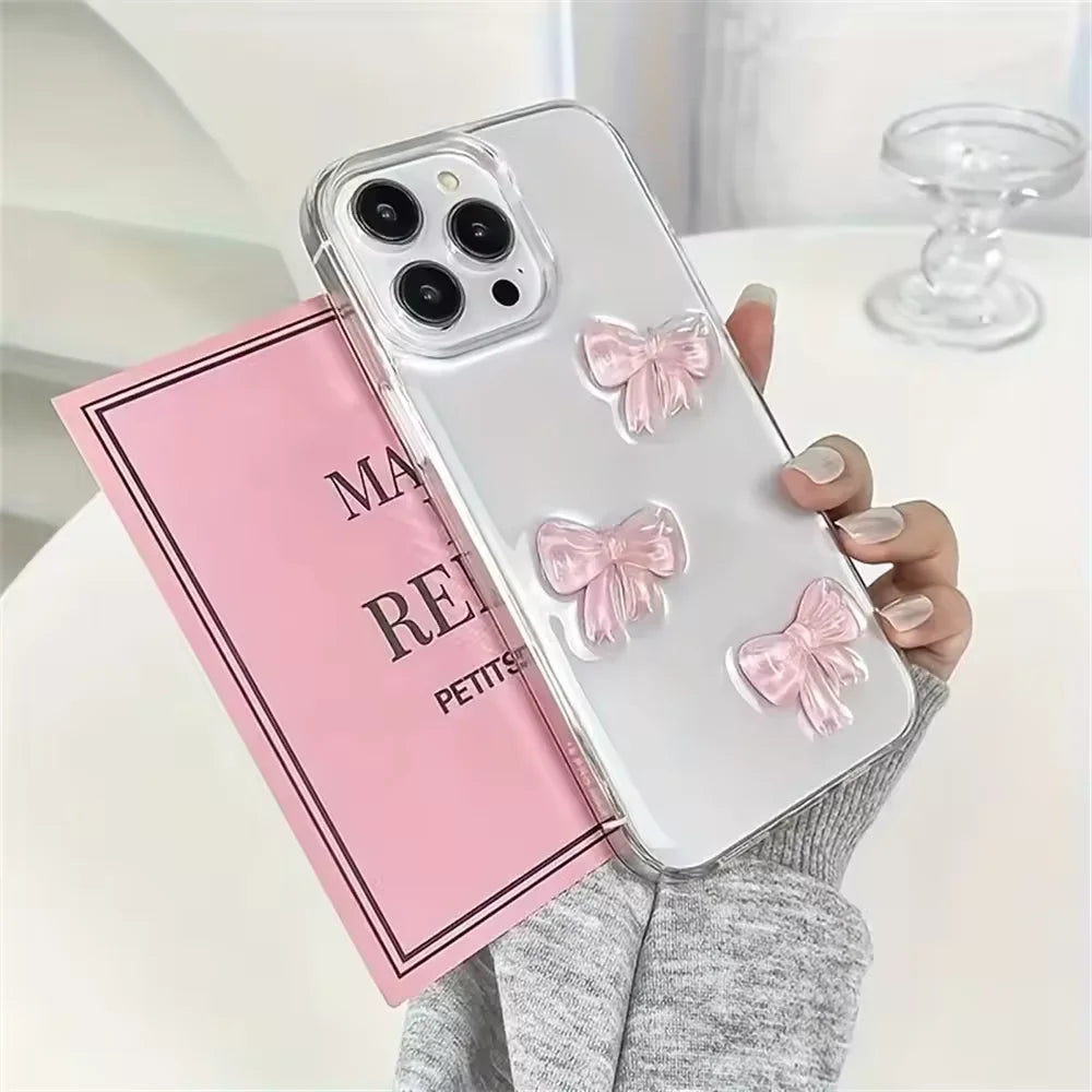 Korean Cute 3D Pink Bowknot Clear Phone Case For iPhone 16 15 14 13 12 11 Pro Max 7 8 Plus X XR XS Shockproof Transparent Cover