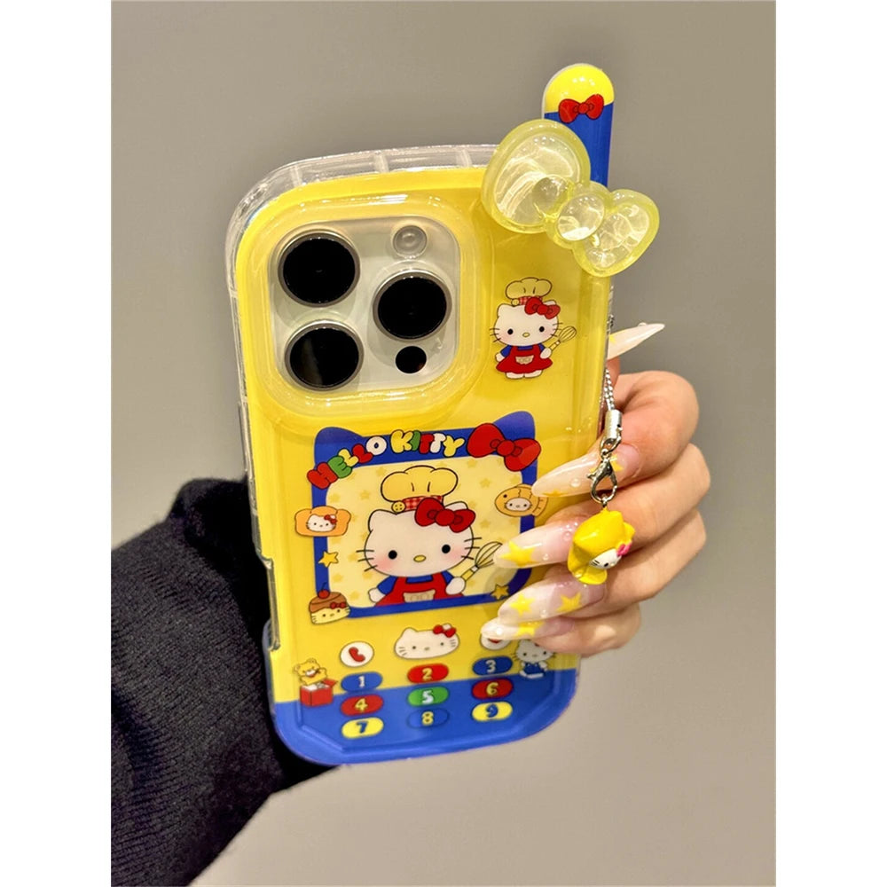 ins Cute Hello Kitty Bow Telephone Phone Case For iPhone 16 15 14 13 Pro Max Shockproof Bumper Protective Back Cover 3D Fundas