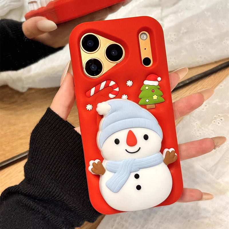 Christmas Tree Cute 3D Snowman Holder Stand Phone Case For iPhone 17 Pro Max 16 15 14 13 Air Shockproof Soft Silicone Back Cover